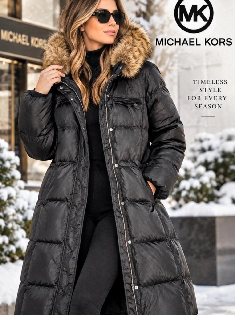 Michael Kors Faux-Fur-Trim Hooded Puffer Coat Black size L